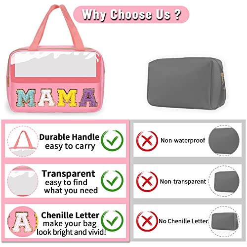 Chenille Letter Clear Makeup Bags Mama Tote, Preppy Patch Makeup Bag Zipper with Handle, Waterproof PVC & Nylon Portable Glitter Large Cosmetic Travel Toiletry Storage Bag for Women Girls(MAMA-Pink) - color: MAMA-Pink