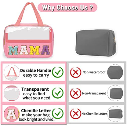 Chenille Letter Clear Makeup Bags Mama Tote, Preppy Patch Makeup Bag Zipper with Handle, Waterproof PVC & Nylon Portable Glitter Large Cosmetic Travel Toiletry Storage Bag for Women Girls(MAMA-Pink) - color: MAMA-Pink