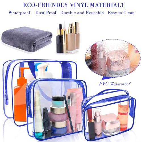 APREUTY Clear Makeup Bags, TSA Approved 6Pcs Cosmetic Makeup Bag Set Clear PVC with Zipper Handle Portable Travel Luggage Pouch Airport Airline Vacation (Blue) - color: Blue-6PCS(Large+Medium+Small)
