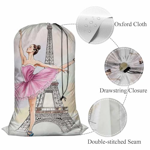 Swono Beautiful Ballerina Large Travel Laundry Bag - Washable Wet Dry Bag for Dirty Clothes - Dancer Posing on Eiffel Tower - Bathing Suit Workout Bag for Gym - color: Beautiful Ballerina