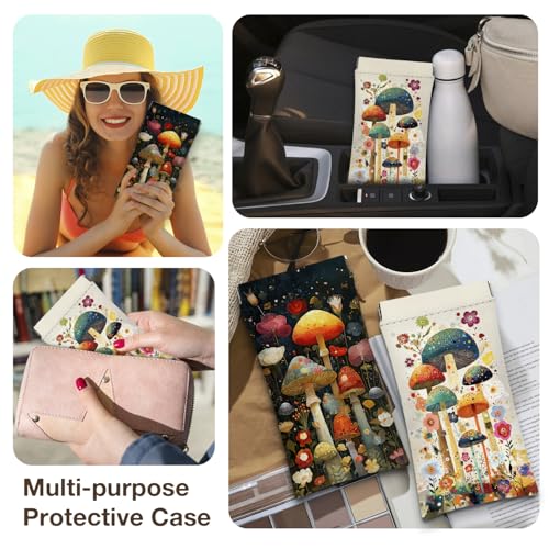 Eyeglasses Sunglasses Case PU Soft Squeeze Top Glasses Pouch for Women Student,Floral Pattern Portable Anti Scratch - color: Brown-mushrooms06