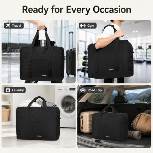 Foldable Travel Duffle Bag with Trolley Sleeve 40L Capacity, Lightweight Packable Travel Duffel Bags with the Keyhole Zipper, Weekender Overnight Nylon Carry on Bag for Men & Women, Black - color: Black