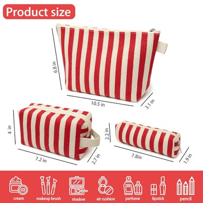 3 Pcs Makeup Bag Set Striped Canvas Purse Cosmetic Bag For Women Travel Toiletry Pouch Organizer pencil case (Red-White) - color: Red-White