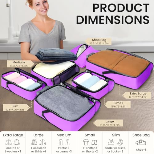 BAGAIL 4 Set/6 Set/8 Set Compression Packing Cubes Travel Accessories Expandable Packing Organizers(Purple HalfMesh 6 Set) - color: 6-Purple, style: Half Mesh