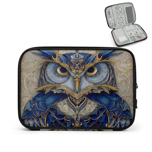 Cable Organizer Ethnic Owl Bird Electronics Travel Organizer Case Tech Accessories Pouch Waterproof Cord Storage Bag for Power Bank Charger Phone Earphone - color: Gold Blue