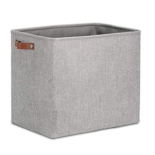 DULLEMELO Large Collapsible Storage Basket/Bin with Sturdy Leather Handles, Fabric Organizer Bin for Storage Clothes, Toys, Books, Office, Bedroom, Closet, Nursery & Laundry (Gray) - color: Gray, size: Large-17"x12"x15"