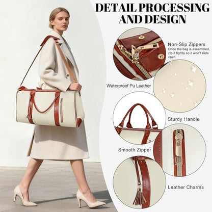 Geestock Garment Duffle Bags for Travel, Convertible Carry On Garment Bag with Shoe Pouch & Shoulder Strap, 2 in 1 Foldable PU Leather Suit Travel Bag for Women & Men, Beige - color: Beige & Brown