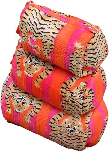 YILLE Set of 3 Pieces Block Printed Travel Organizer Kit Storage Bag for Women Makeup Bag Travel Cosmetic Bag - color: Orange Pink Fat Tiger