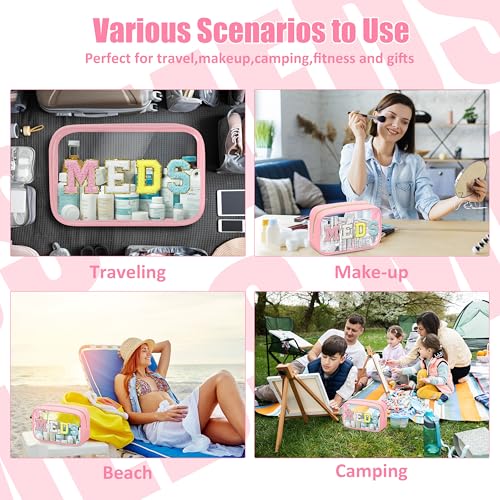 BuyCard Clear Meds Chenille Letter Nylon Makeup Bag - Portable Preppy Patch Cosmetic Toiletry Travel Storage Medicine Bag With Zipper for Women Girls Pink - color: MEDS-Pink, style: 1 Pcs-clear