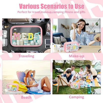 BuyCard Clear Meds Chenille Letter Nylon Makeup Bag - Portable Preppy Patch Cosmetic Toiletry Travel Storage Medicine Bag With Zipper for Women Girls Pink - color: MEDS-Pink, style: 1 Pcs-clear