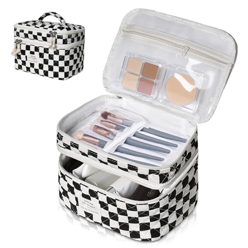Gosect Makeup Bag, Portable Travel Make up Bag, Large Capacity Quilted Cosmetic Organizer Bag, Cute Floral Toiletry Bag for Women Girls - color: Black Checkered