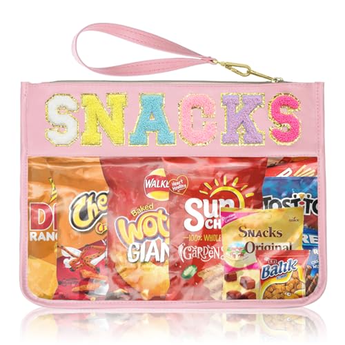 Siwara Snack Bags Clear Pouch Travel Makeup Bag Chenille Letter Bags for Zipper Pouch Clear Cosmetic Bag Clearly Tote Bag Makeup Travel Bags for Women - color: Pink--Snack