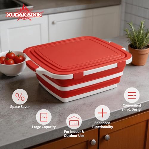 XUDAKAIXIN Collapsible BBQ Prep Tub for Meal Prep, Marinating,Food Storage, picnics, camping, barbecues,cutting fruits and vegetables - Includes Cutting Board and Locking Lid,(X-Large) Red - color: (X-Large)Red