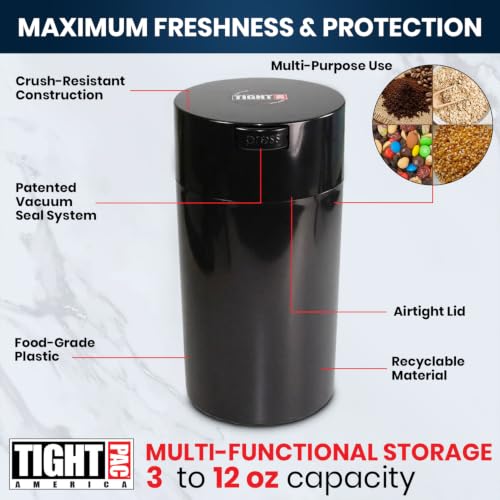 Tightvac 3 to 12 Ounces Airtight Smell Proof Container - Patented Vacuum Seal, Storage for Coffee, Herbs, Tea, Spices, Dry Goods - Odor Resistant Vacuum Jar, Black - color: Black