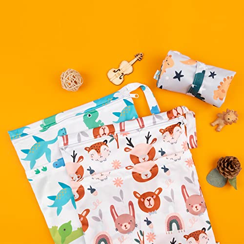 babygoal Wet Dry Bags for Baby Cloth Diapers, Washable Travel Bags, Beach, Pool, Gym Bag for Swimsuits & Wet Clothes with Two Zippered Pockets 3 Pack, 3LN23 - color: Animal world