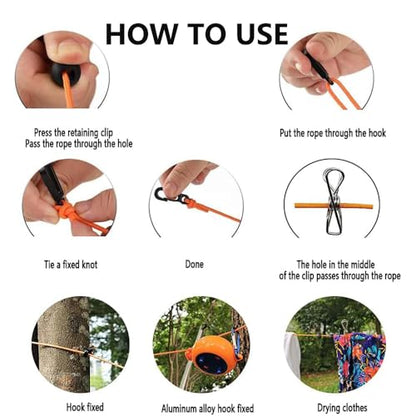 Camping Retractable Clothesline,Adjustable 32ft/10M Camping Clothesline,Portable Travel Clothesline,Outdoor Washing line,Drying Line with 10 Windproof Clothespins