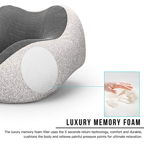 MLVOC Neck Pillow for Traveling, Upgraded 100% Pure Memory Foam Travel Neck Pillow for Airplane Flight Sleep, Breathable & Machine Washable Cover, Travel Kit with 3D Eye Mask, Earplugs & Bag, Grey - color: Grey