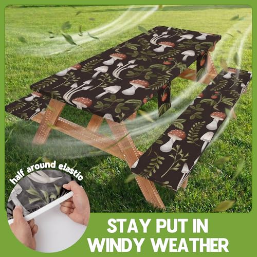 Picnic Table Cover with Bench Covers Waterproof Elastic Rectangle Furniture Fitted Table Cloth Tablecloth Glamping Camp Camper Camping Essentials Outdoor Road Trip Rv Car Travel Vacation Canping Gear - color: Black Green Mushrooms, size: 72in