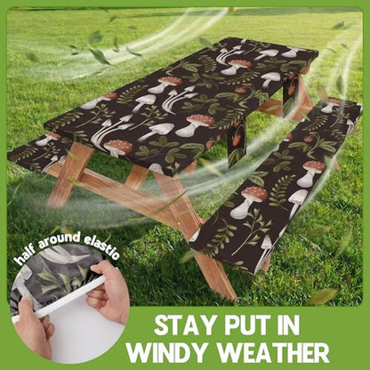 Picnic Table Cover with Bench Covers Waterproof Elastic Rectangle Furniture Fitted Table Cloth Tablecloth Glamping Camp Camper Camping Essentials Outdoor Road Trip Rv Car Travel Vacation Canping Gear - color: Black Green Mushrooms, size: 72in