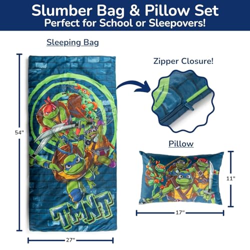 Jay Franco Kids Slumber Bag and Pillow - 54 x 27 Inch Comfy Indoor Sleeping Bag for School and Sleepovers, 2 Piece Set, Blue - Teenage Mutant Ninja Turtles - color: Blue - Teenage Mutant Ninja Turtles