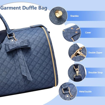 Garment Bags for Travel, Convertible Suit Travel Bag for Women, Stylish Carry On Garment Bag with Toiletry Pocket, Shoulder Strap & Shoes Compartment, 2 in 1 Foldable PU Leather Duffle Bag, Navy Blue - color: Navy Blue