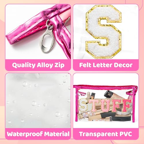 Y1tvei STUFF Large Makeup Bag - Preppy Patch Chenille Varsity Letter Transparent PVC Clear Extra Large Cosmetic Pouch Portable Waterproof Travel Organizer Toiletry Compliant Bag for Women(Rose Red) - color: Rose red STUFF Rose Red