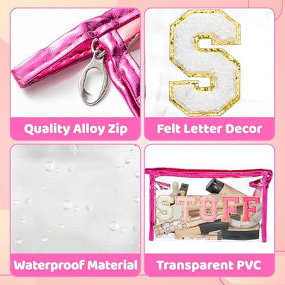 Y1tvei STUFF Large Makeup Bag - Preppy Patch Chenille Varsity Letter Transparent PVC Clear Extra Large Cosmetic Pouch Portable Waterproof Travel Organizer Toiletry Compliant Bag for Women(Rose Red) - color: Rose red STUFF Rose Red