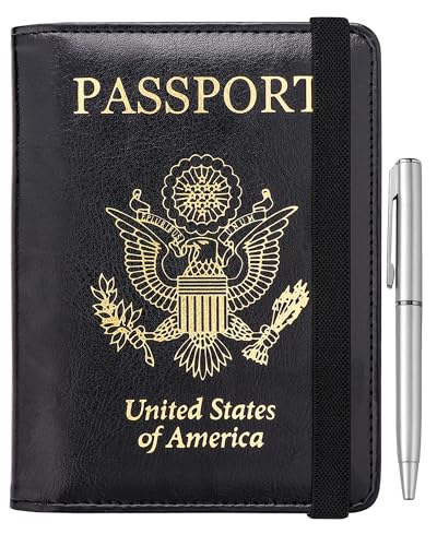 WALNEW Passport Holder for Travel, RFID Passport Cover Wallet for Women Men, PU Leather Passport Book Card Holder Case with Pen, Travelling Essentials for Flying - color: B-Black, style: Elastic Band Closure