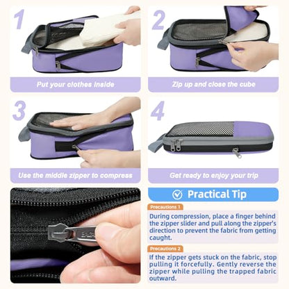 BAGAIL 4 Set/6 Set/8 Set Compression Packing Cubes Travel Accessories Expandable Packing Organizers (Half Mesh, 6-Lavender) - color: 6-Lavender, style: Half Mesh