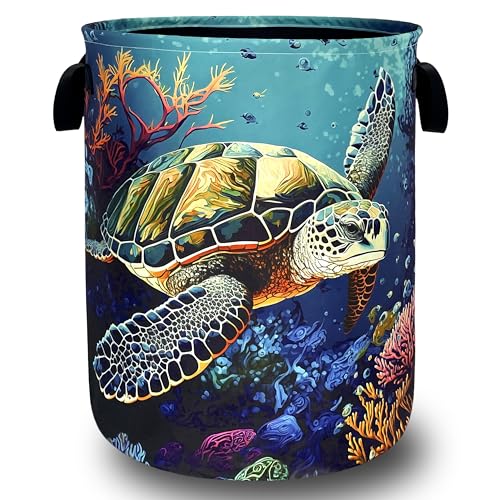 Sea Turtle Laundry Basket Oxford Cloth Colorful Ocean Animal Turtles Laundry Hamper With Handle Foldable Portable Clothes Storage Basket Laundry Bag 18.9"x16.5" For Laundry Room/Bedroom/Bathrooms - color: Ocean Animal Colorful Sea Turtle