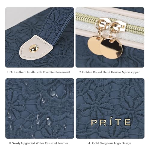 Prite Makeup Bag for Women Travel Waterproof Vegan Leather Cosmetic Bag Open Flat Toiletry Bag With Clear Divider and Handle (Blue Flower, Medium) - color: Blue Flower, size: Medium