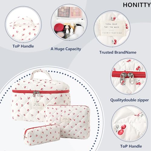 honitty Makeup Bag,Quilted Cosmetic Bags,Large Floral Make Up Organize bag,Makeup Bag Set for Women,Flower Travel Toiletry Bag - color: Cherry-2