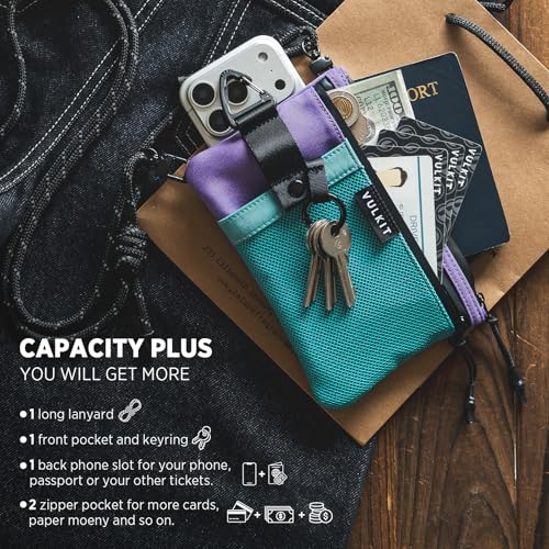 VULKIT RFID Blocking Travel Wallet for Women, Water Resistant Passport & Phone Holder with Detachable Lanyard and Key Ring, Lightweight Zipper Travel Wallet - color: AquaGreen Purple