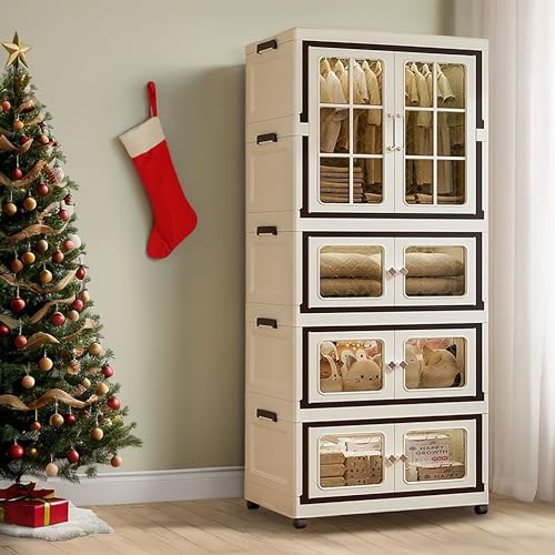 SunSettler Collapsible Storage Bins with Lids, Folding Storage Cabinets with Doors, Stackable Organizers Cabinets, Closet Organizers and Storage for Home, Dorm (3+1 Transparent Plus) - size: 3+1 Transparent Plus