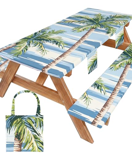 Picnic Table Cover with Bench Covers Waterproof Elastic Rectangle Reusable Folding Tablecloth Manteles Mantelería Camping Essentials Rv Car Travel Supplies Table Cloth Outdoor Road Trip Camper Gifts - color: Blue Green Coconut Tree, size: 72in