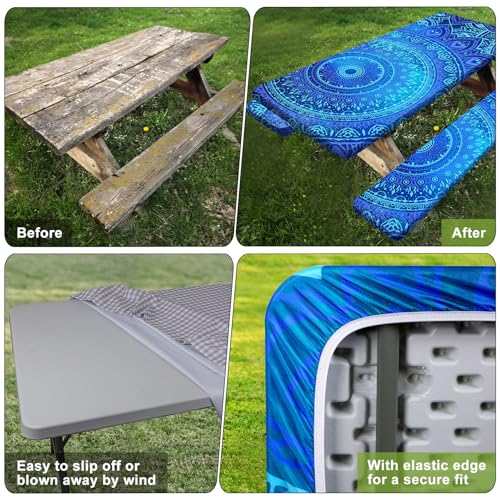 Picnic Table Cover with Bench Covers 6FT 3 Pcs Waterproof Windproof Aesthetic Camping Tablecloth with Drawstring Bag, Fitted for 6 Foot Rectangle Tables and Seats, 72 inch, Dark Blue Green - color: Dark Blue Green