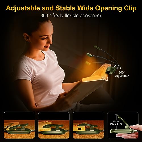 Gritin Rechargeable Book Light for Reading in Bed with 19 LED &Memory Function-Eye Caring 3 Color Temperatures,5 Brightness Levels,90 Hrs Runtime Flexible Goose Neck Clip on Light-Deep Green - color: Deep Green