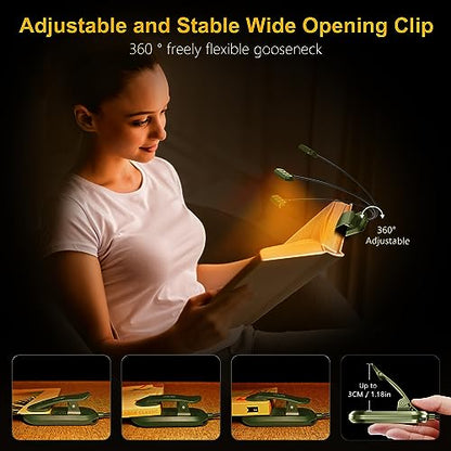 Gritin Rechargeable Book Light for Reading in Bed with 19 LED &Memory Function-Eye Caring 3 Color Temperatures,5 Brightness Levels,90 Hrs Runtime Flexible Goose Neck Clip on Light-Deep Green - color: Deep Green