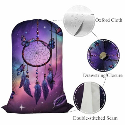 Swono Dreamcatcher Laundry Bag with Drawstring Closure, Foldable, Lightweight, 28" X 40" Watercolor Ethnic Butterflies Feathers Packable Dirty Clothes Pouch for Home Dorm, Camp, Road Trip - color: Dreamcatcher