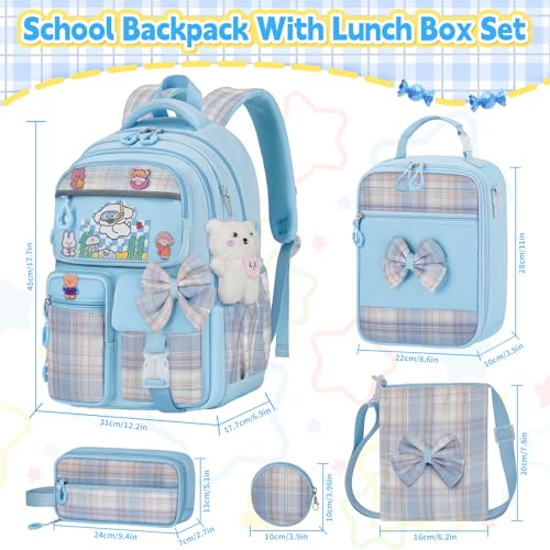 Girls Backpack with Lunch Box Set, 5pc Blue Cute Kawaii Bookbag for Teens, Aesthetic School Backpack for Elementary - color: Blue