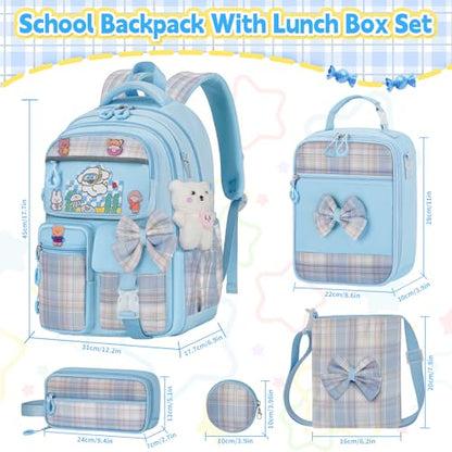 Girls Backpack with Lunch Box Set, 5pc Blue Cute Kawaii Bookbag for Teens, Aesthetic School Backpack for Elementary - color: Blue