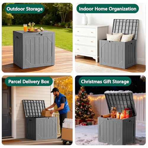 Outdoor Storage Box - 30 Gallon Waterproof Resin Deck Box, Lockable Patio Storage Bench for Package Delivery, Cushions & Garden Tools, UV Resistant (Grey)