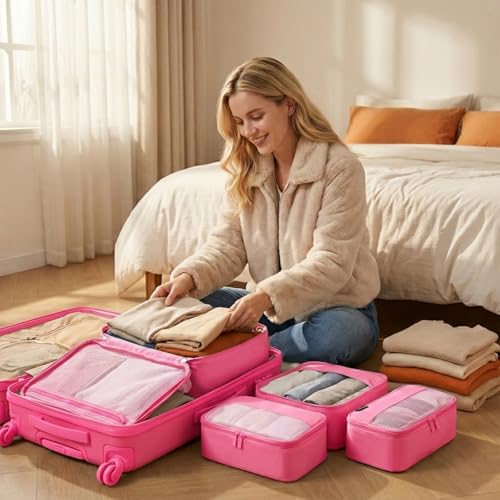 4 Piece Compression Packing Cubes for 3–7 Day Travel, Space Saving Travel Organizers with Breathable Mesh, Double-Zipper Packing Cubes for Carry-On & Suitcases (Pink) - color: Pink