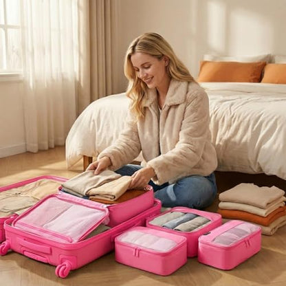 4 Piece Compression Packing Cubes for 3–7 Day Travel, Space Saving Travel Organizers with Breathable Mesh, Double-Zipper Packing Cubes for Carry-On & Suitcases (Pink) - color: Pink