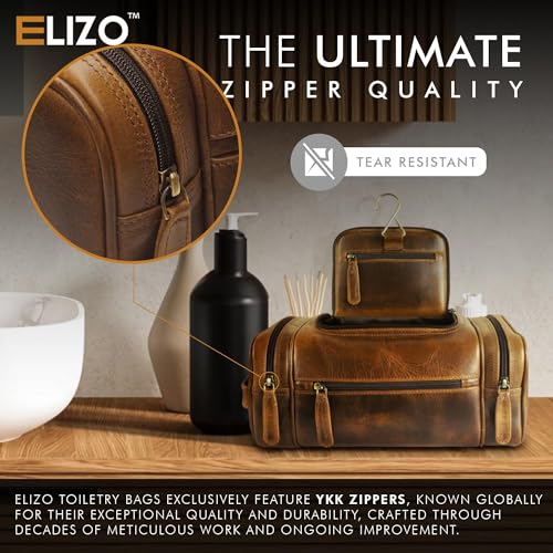 ELIZO Genuine Leather Toiletry Bag for Men Mens Toiletry Bags for Traveling Waterproof Hanging Leather Dopp Kit w/Hook Extra largeToiletry Bag Travel Organizer for Toiletries - size: X-Large