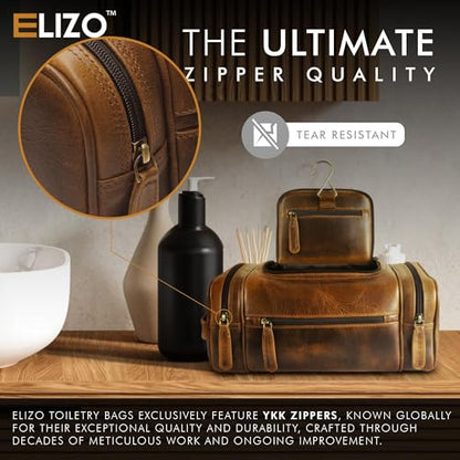 ELIZO Genuine Leather Toiletry Bag for Men Mens Toiletry Bags for Traveling Waterproof Hanging Leather Dopp Kit w/Hook Extra largeToiletry Bag Travel Organizer for Toiletries - size: X-Large