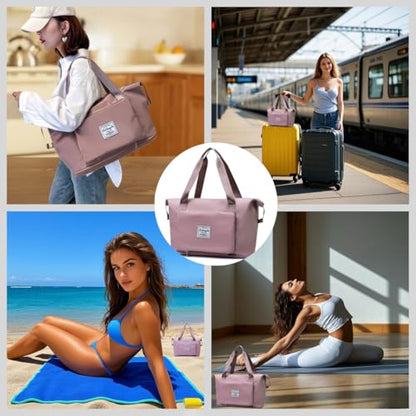 Large Capacity Foldable Travel Bag, Expandable lightweight Carry on Bag, Dry with Wet Separation Spor Duffel Bags (Pink) - color: Pink