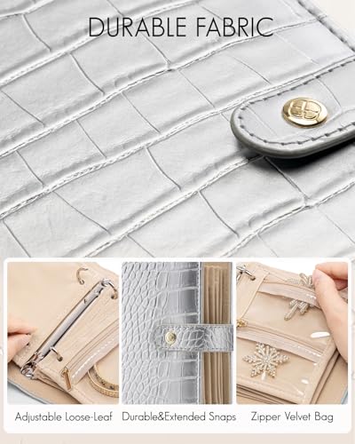 VLANDO Travel Jewelry Organizer Case,Travel Gifts for Women,Portable Jewelry Storage Book Ring Binder with Clear Zipper Velvet Jewelry Pouch Bag-Silver - color: Silver Crocodile