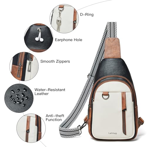 LATMAP 7L Sling Bag for Women Men Leather Small Sling Backpack Daypack Anti Theft Fanny Pack Crossbody Purse Travel - color: Regular Size-black and Brown With Beige