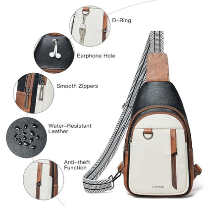 LATMAP 7L Sling Bag for Women Men Leather Small Sling Backpack Daypack Anti Theft Fanny Pack Crossbody Purse Travel - color: Regular Size-black and Brown With Beige